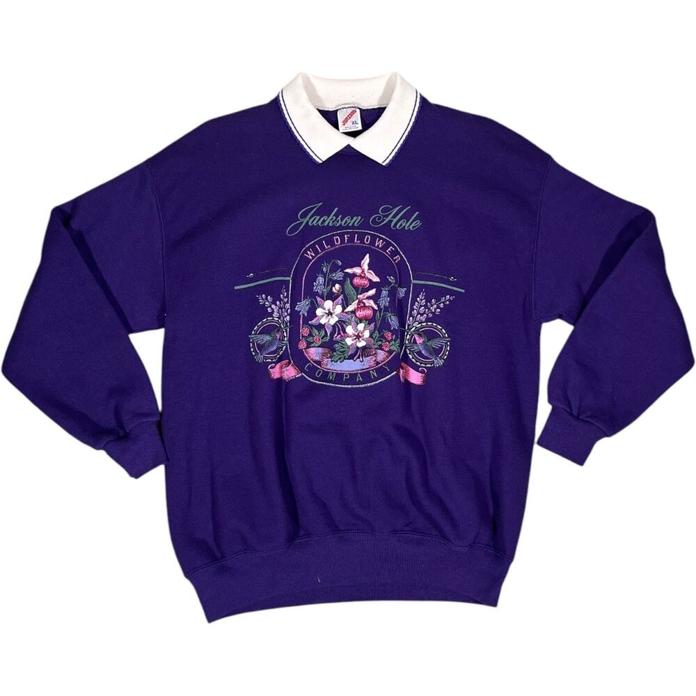 Vintage Women's Sweatshirt XL 90s Grannycore Floral Graphic Pullover Logo